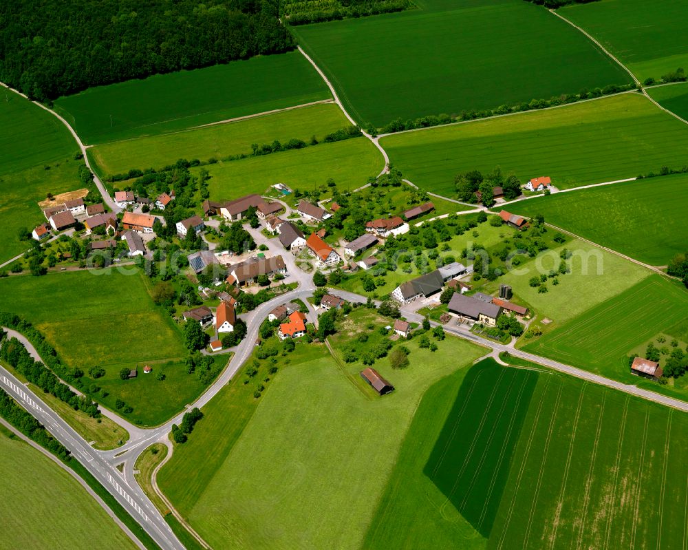 Aerial image Schammach - Agricultural land and field boundaries surround the settlement area of the village in Schammach in the state Baden-Wuerttemberg, Germany