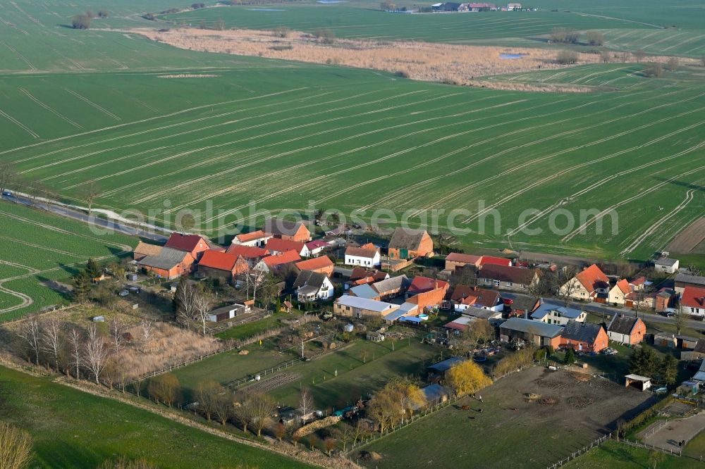 Schapow from the bird's eye view: Agricultural land and field boundaries surround the settlement area of the village in Schapow Uckermark in the state Brandenburg, Germany