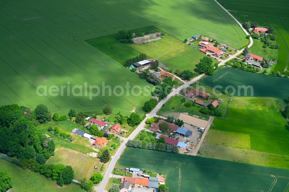 Scharbow from above - Agricultural land and field boundaries surround the settlement area of the village on street Dorfstrasse in Scharbow in the state Mecklenburg - Western Pomerania, Germany