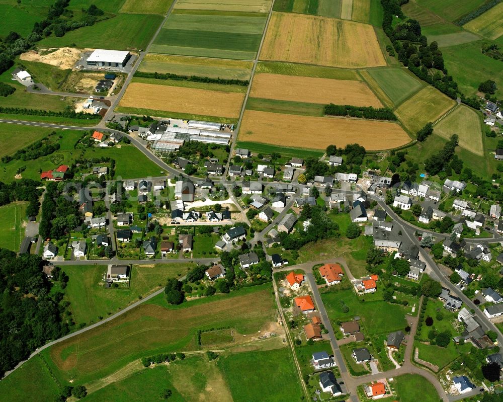 Schauren from above - Agricultural land and field boundaries surround the settlement area of the village in Schauren in the state Rhineland-Palatinate, Germany