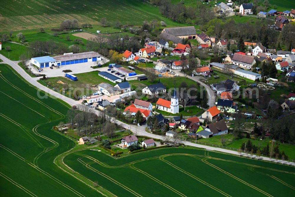 Schellbach from above - Agricultural land and field boundaries surround the settlement area of the village in Schellbach in the state Saxony-Anhalt, Germany