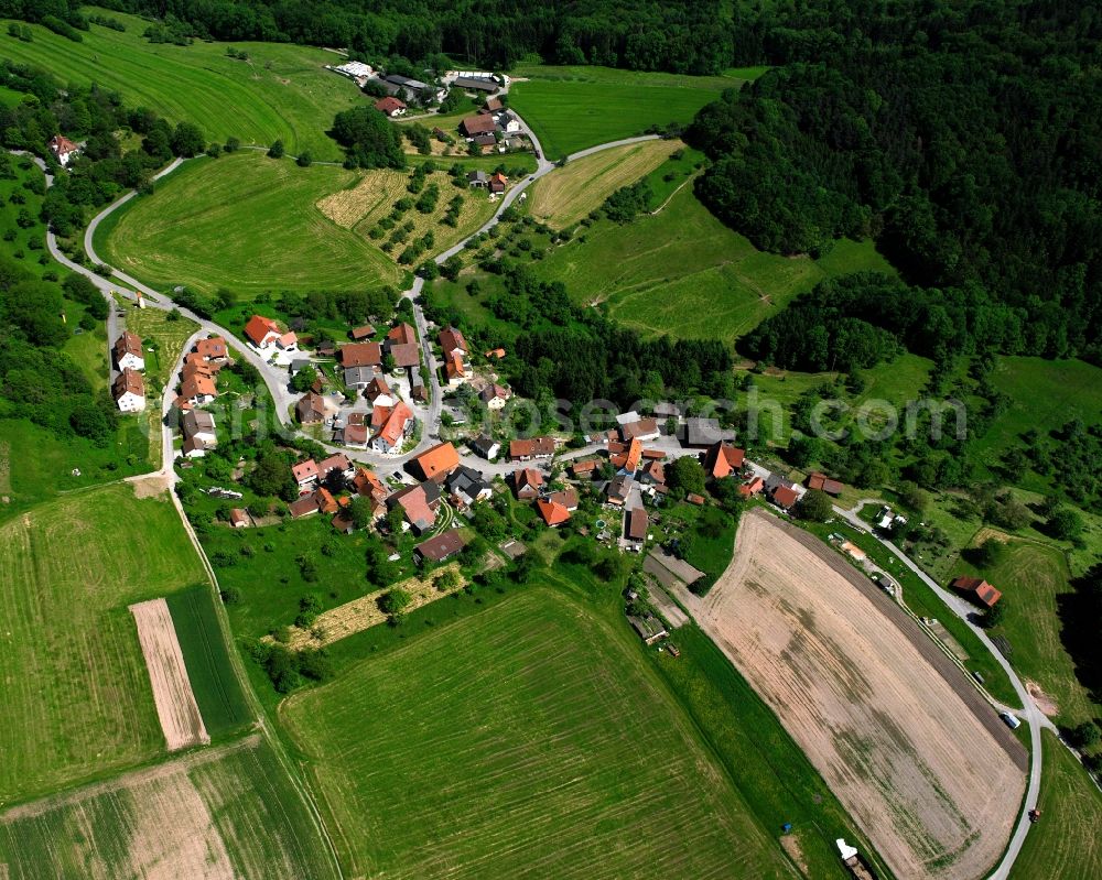 Schiffrain from above - Agricultural land and field boundaries surround the settlement area of the village in Schiffrain in the state Baden-Wuerttemberg, Germany