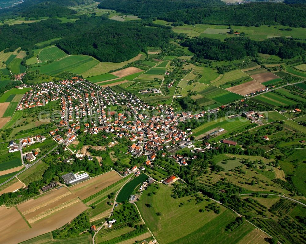 Schlat from above - Agricultural land and field boundaries surround the settlement area of the village in Schlat in the state Baden-Wuerttemberg, Germany