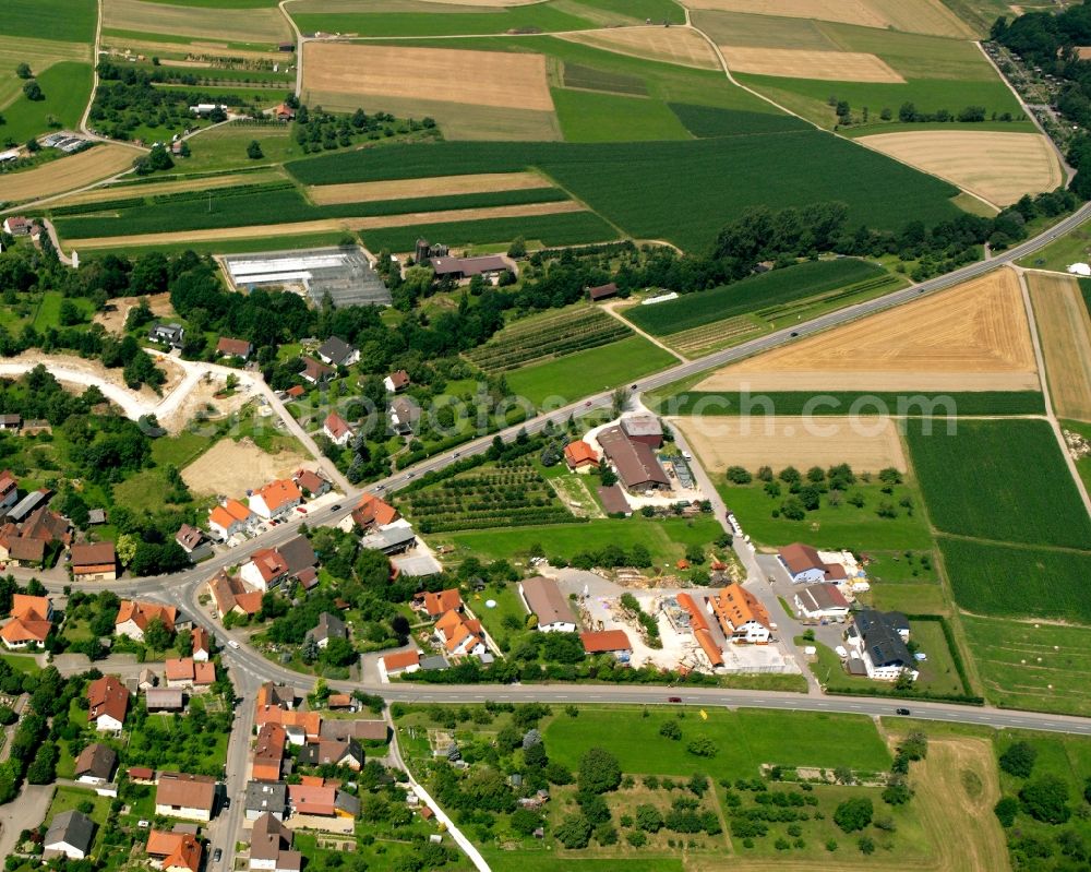 Schlat from above - Agricultural land and field boundaries surround the settlement area of the village in Schlat in the state Baden-Wuerttemberg, Germany