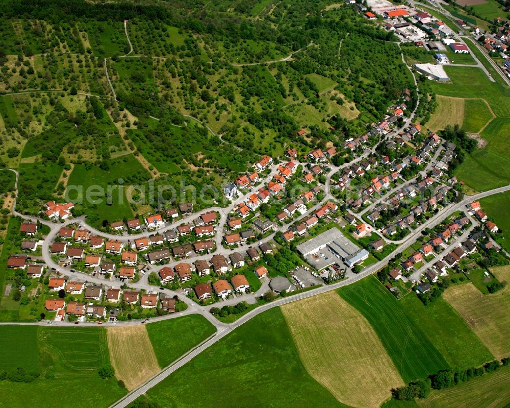 Schlechtbach from the bird's eye view: Agricultural land and field boundaries surround the settlement area of the village in Schlechtbach in the state Baden-Wuerttemberg, Germany