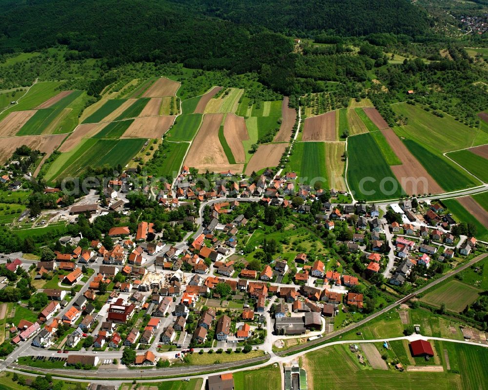 Aerial photograph Schlechtbach - Agricultural land and field boundaries surround the settlement area of the village in Schlechtbach in the state Baden-Wuerttemberg, Germany