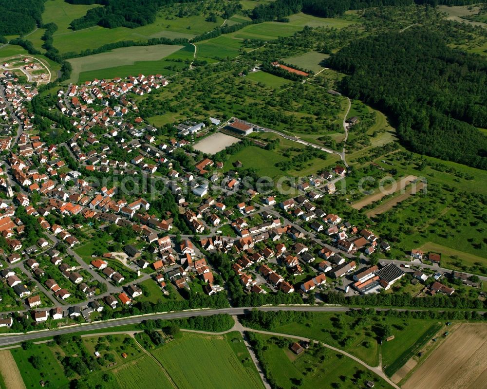 Aerial image Schlierbach - Agricultural land and field boundaries surround the settlement area of the village in Schlierbach in the state Baden-Wuerttemberg, Germany