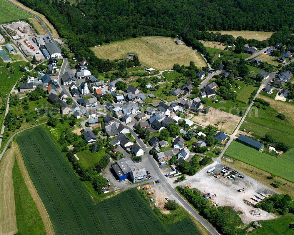 Schlierschied from the bird's eye view: Agricultural land and field boundaries surround the settlement area of the village in Schlierschied in the state Rhineland-Palatinate, Germany