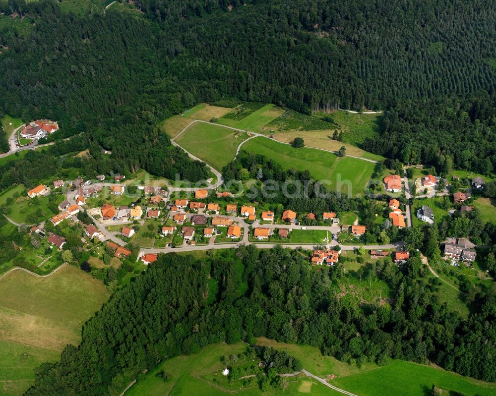 Schmellenhof from above - Agricultural land and field boundaries surround the settlement area of the village in Schmellenhof in the state Baden-Wuerttemberg, Germany