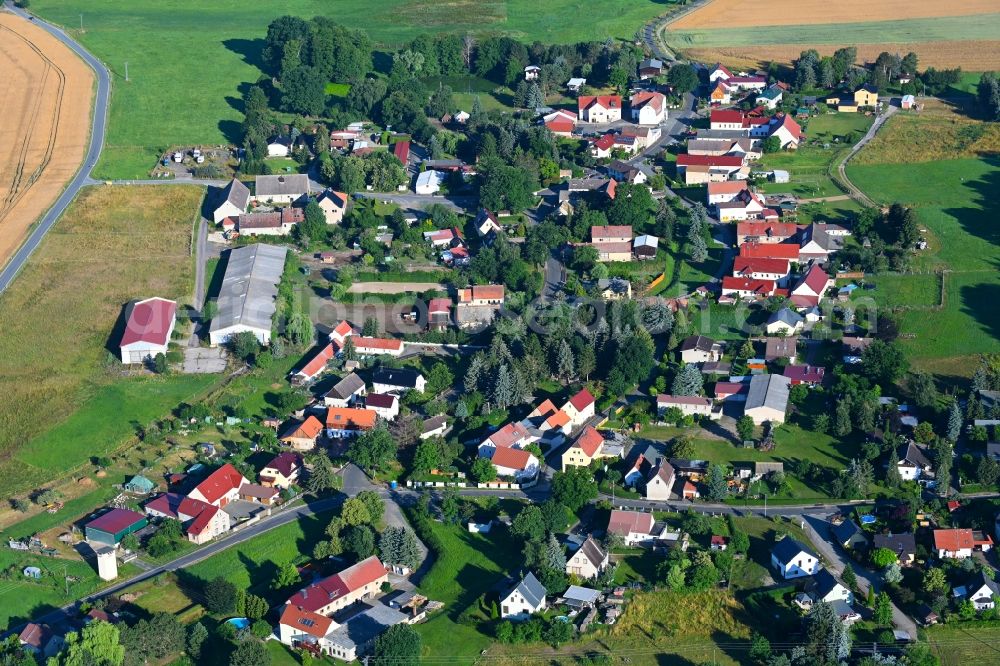 Schöna from above - Agricultural land and field boundaries surround the settlement area of the village in Schoena in the state Saxony, Germany