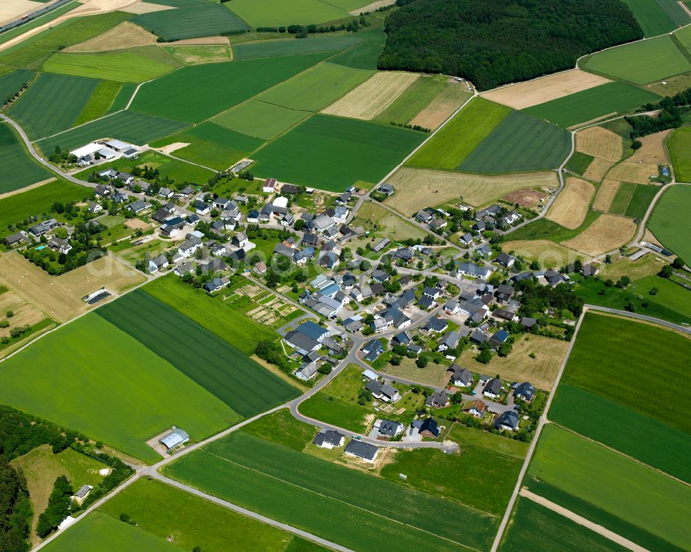 Schönborn from the bird's eye view: Agricultural land and field boundaries surround the settlement area of the village in Schönborn in the state Rhineland-Palatinate, Germany