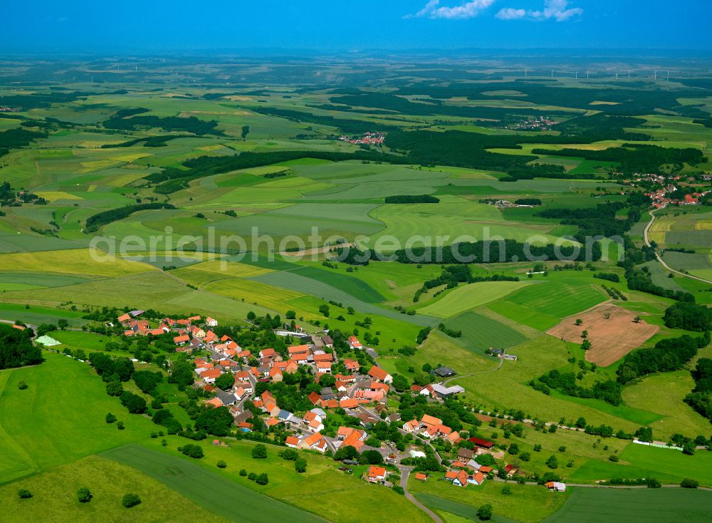 Aerial photograph Schönborn - Agricultural land and field boundaries surround the settlement area of the village in Schönborn in the state Rhineland-Palatinate, Germany