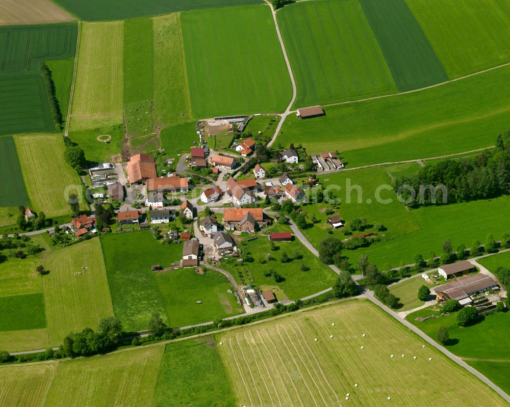 Schönebürg from the bird's eye view: Agricultural land and field boundaries surround the settlement area of the village in Schönebürg in the state Baden-Wuerttemberg, Germany