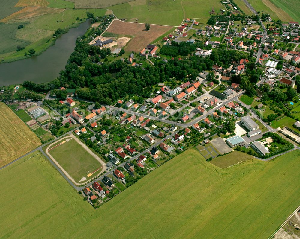 Schönfeld from above - Agricultural land and field boundaries surround the settlement area of the village in Schönfeld in the state Saxony, Germany