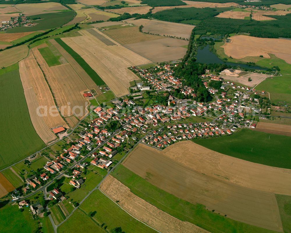 Schönfeld from above - Agricultural land and field boundaries surround the settlement area of the village in Schönfeld in the state Saxony, Germany