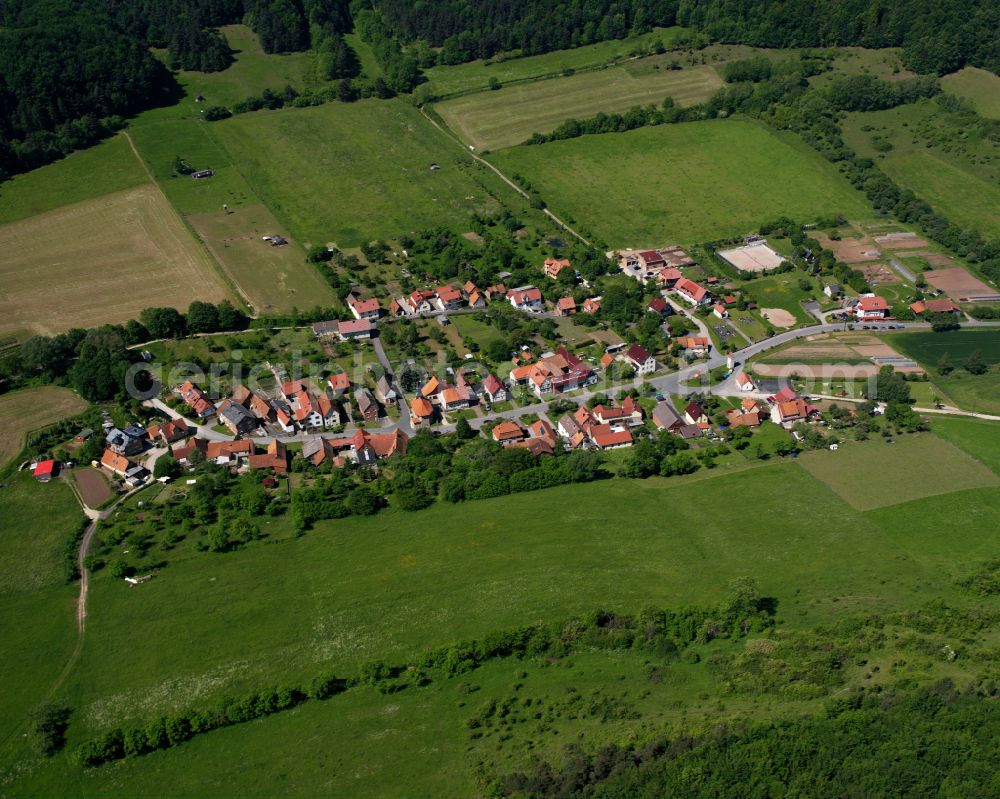 Aerial image Schönhagen - Agricultural land and field boundaries surround the settlement area of the village in Schönhagen in the state Thuringia, Germany