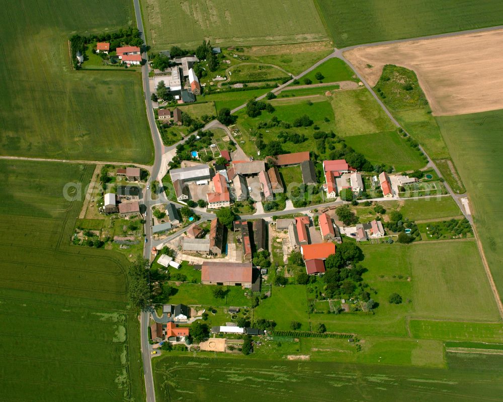 Schänitz from above - Agricultural land and field boundaries surround the settlement area of the village in Schänitz in the state Saxony, Germany