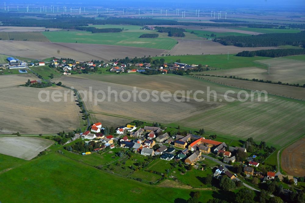 Scholis from above - Agricultural land and field boundaries surround the settlement area of the village in Scholis in the state Saxony-Anhalt, Germany