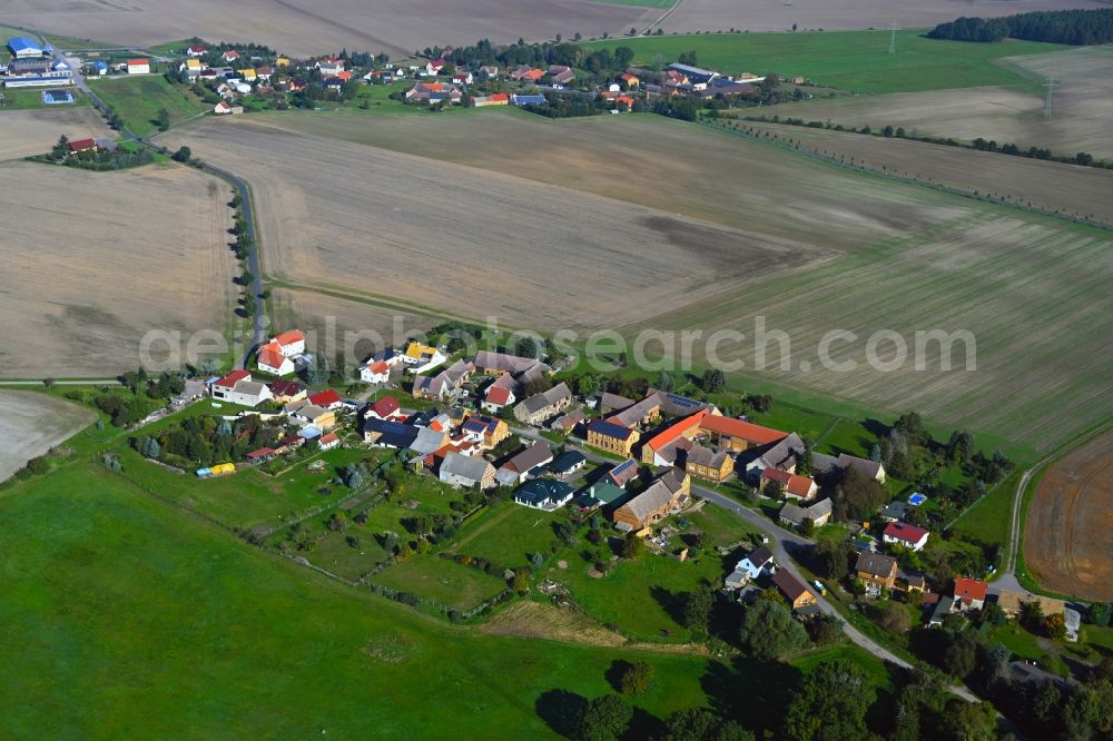 Scholis from the bird's eye view: Agricultural land and field boundaries surround the settlement area of the village in Scholis in the state Saxony-Anhalt, Germany