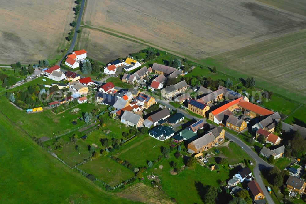 Aerial image Scholis - Agricultural land and field boundaries surround the settlement area of the village in Scholis in the state Saxony-Anhalt, Germany