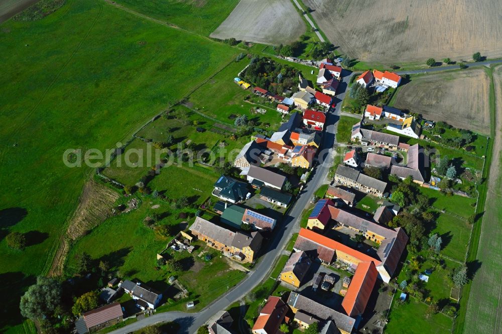 Scholis from above - Agricultural land and field boundaries surround the settlement area of the village in Scholis in the state Saxony-Anhalt, Germany