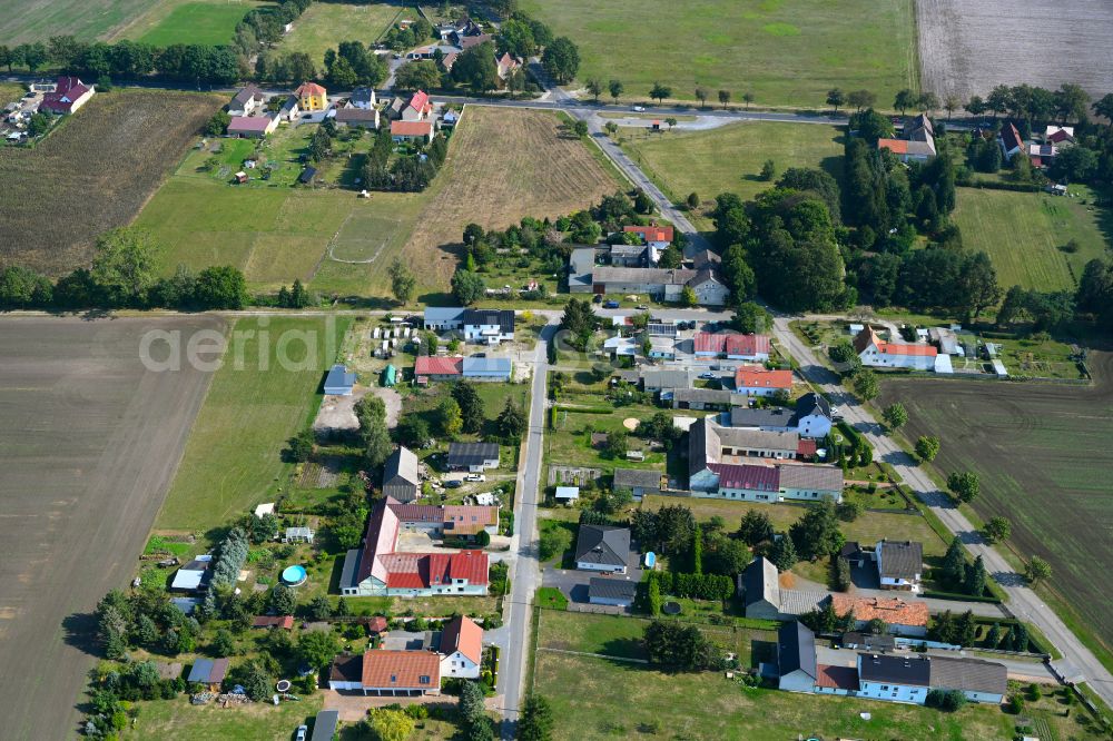 Aerial image Schraden - Agricultural land and field boundaries surround the settlement area of the village on street Hauptstrasse in Schraden in the state Brandenburg, Germany