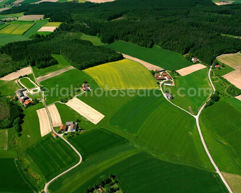 Aerial image Schuhöd - Agricultural land and field boundaries surround the settlement area of the village in Schuhöd in the state Bavaria, Germany