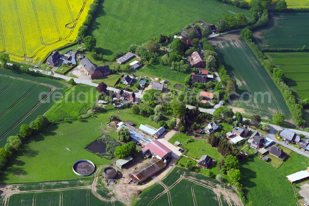 Schulenburg from above - Agricultural land and field boundaries surround the settlement area of the village in Schulenburg in the state Schleswig-Holstein, Germany