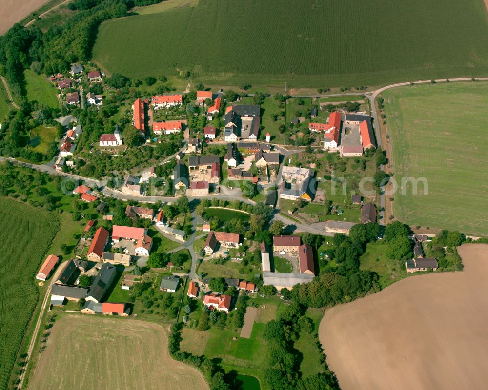 Schwaara from the bird's eye view: Agricultural land and field boundaries surround the settlement area of the village in Schwaara in the state Thuringia, Germany