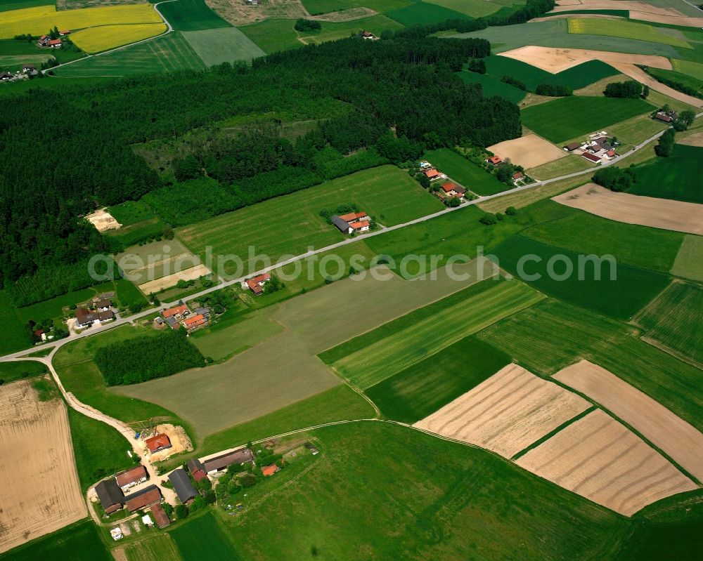 Schwaig from the bird's eye view: Agricultural land and field boundaries surround the settlement area of the village in Schwaig in the state Bavaria, Germany