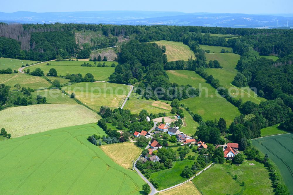 Aerial image Schwelentrup - Agricultural land and field boundaries surround the settlement area of the village in Schwelentrup in the state North Rhine-Westphalia, Germany