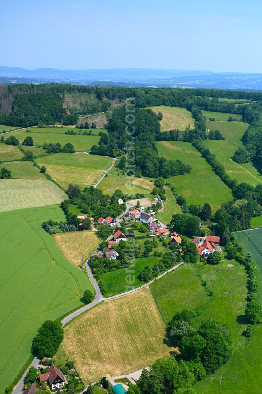 Aerial photograph Schwelentrup - Agricultural land and field boundaries surround the settlement area of the village in Schwelentrup in the state North Rhine-Westphalia, Germany