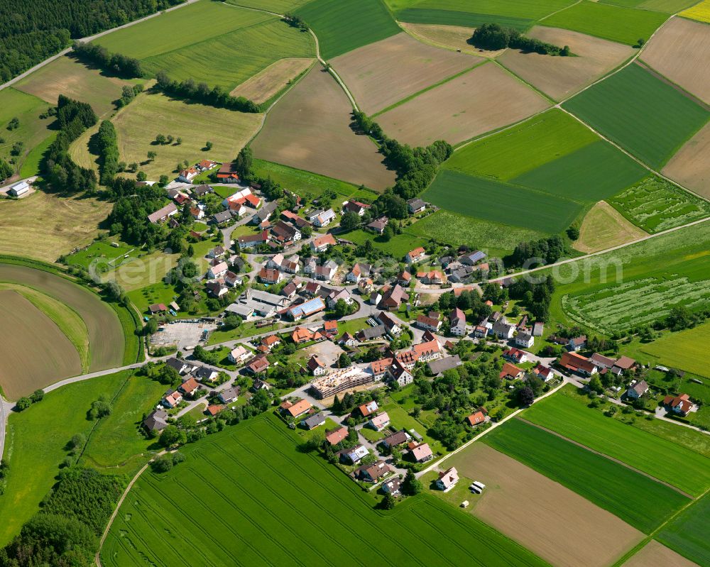 Aerial image Schwendi - Agricultural land and field boundaries surround the settlement area of the village in Schwendi in the state Baden-Wuerttemberg, Germany