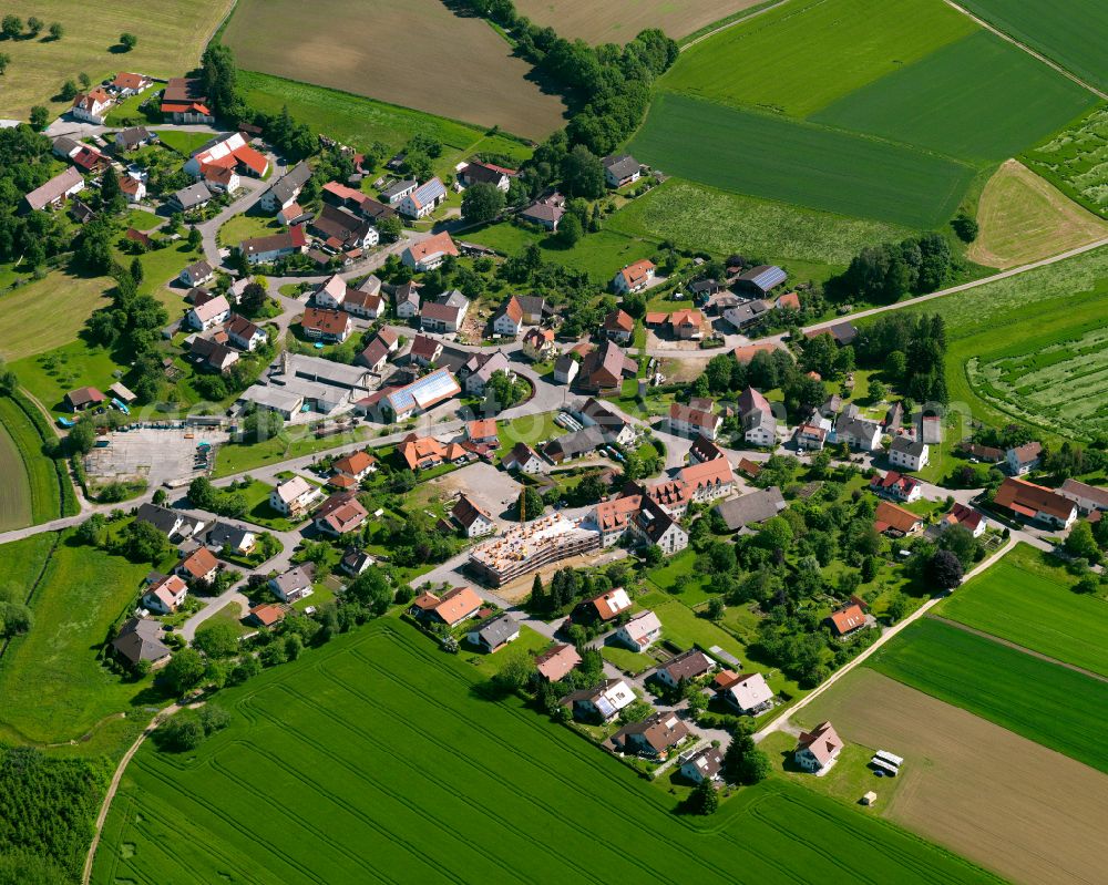 Aerial photograph Schwendi - Agricultural land and field boundaries surround the settlement area of the village in Schwendi in the state Baden-Wuerttemberg, Germany