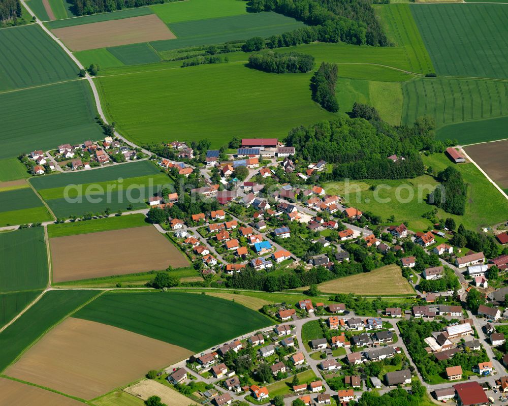 Schwendi from the bird's eye view: Agricultural land and field boundaries surround the settlement area of the village in Schwendi in the state Baden-Wuerttemberg, Germany