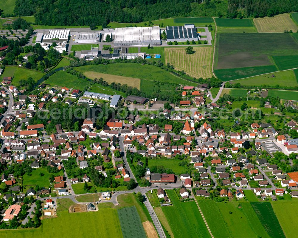 Schwendi from the bird's eye view: Agricultural land and field boundaries surround the settlement area of the village in Schwendi in the state Baden-Wuerttemberg, Germany