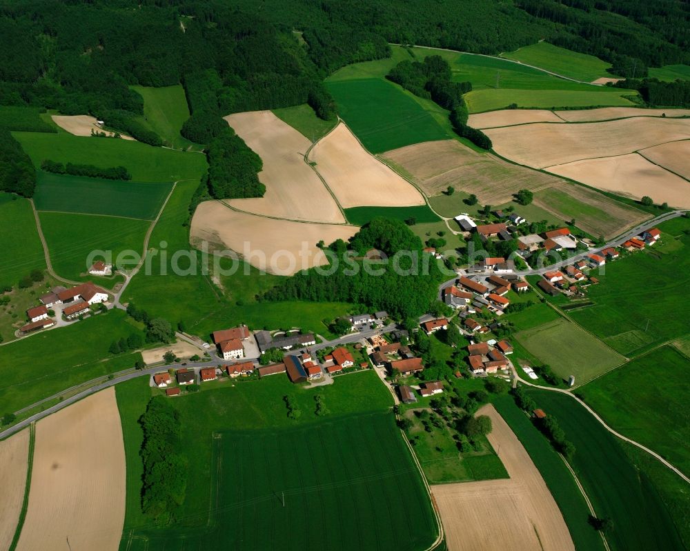 Schwertling from above - Agricultural land and field boundaries surround the settlement area of the village in Schwertling in the state Bavaria, Germany