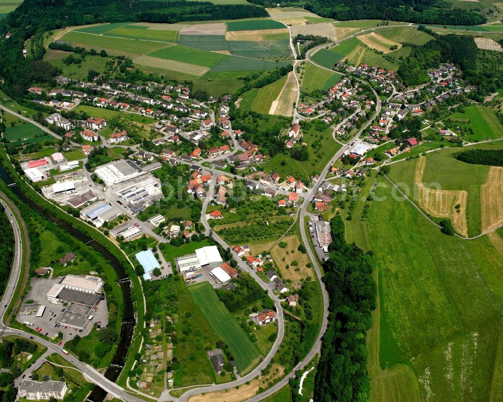 Aerial image Schwerzen - Agricultural land and field boundaries surround the settlement area of the village in Schwerzen in the state Baden-Wuerttemberg, Germany