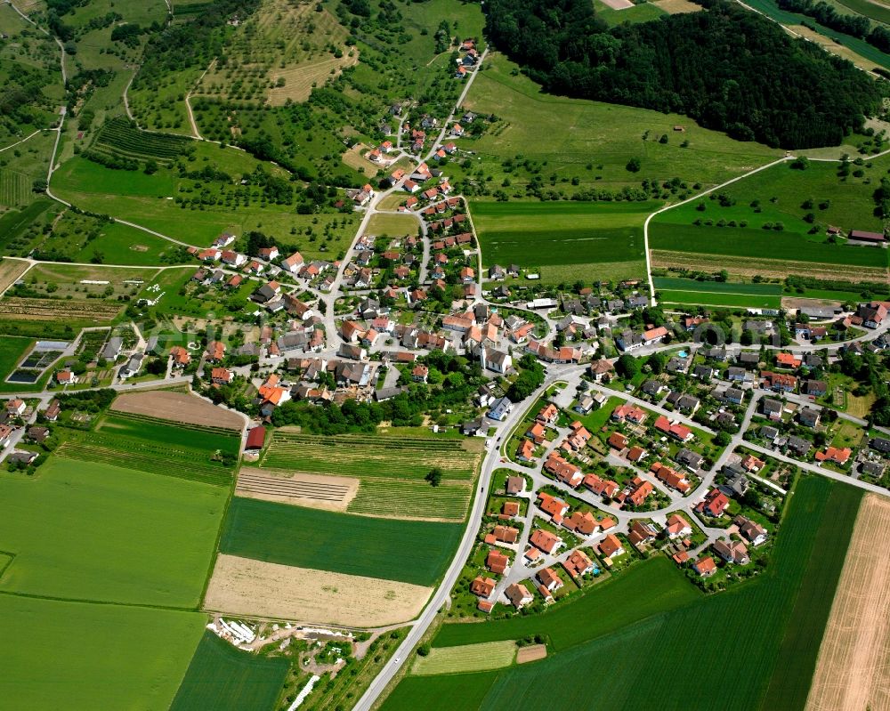 Aerial image Schwerzen - Agricultural land and field boundaries surround the settlement area of the village in Schwerzen in the state Baden-Wuerttemberg, Germany