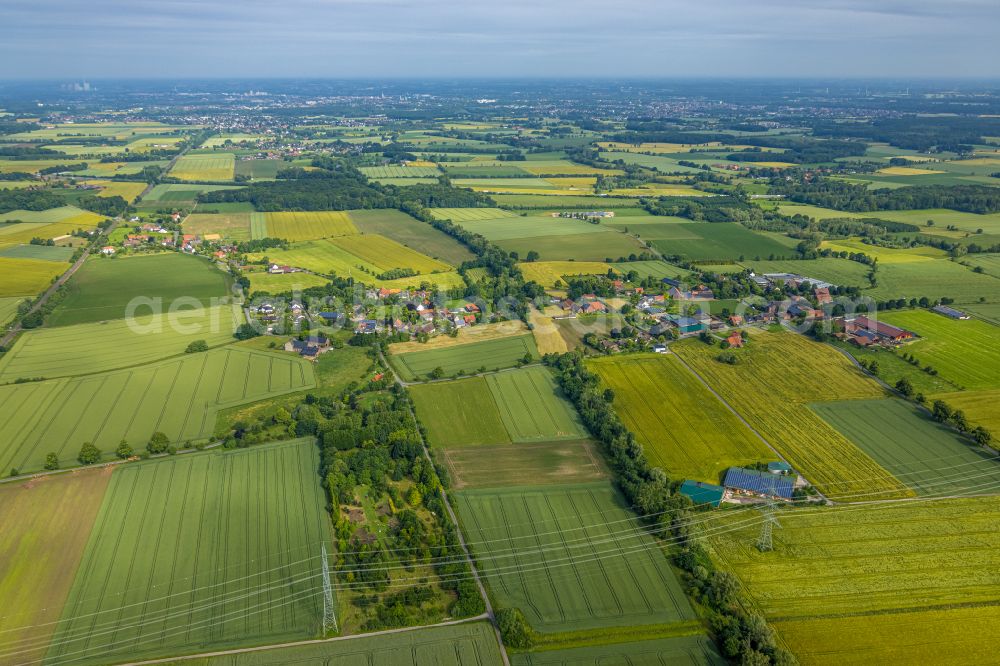 Aerial image Süddinker - Agricultural land and field boundaries surround the settlement area of the village in Süddinker at Ruhrgebiet in the state North Rhine-Westphalia, Germany