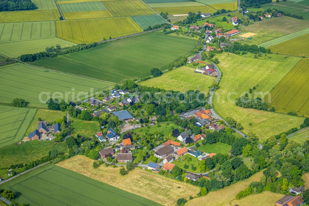 Süddinker from above - Agricultural land and field boundaries surround the settlement area of the village in Süddinker at Ruhrgebiet in the state North Rhine-Westphalia, Germany