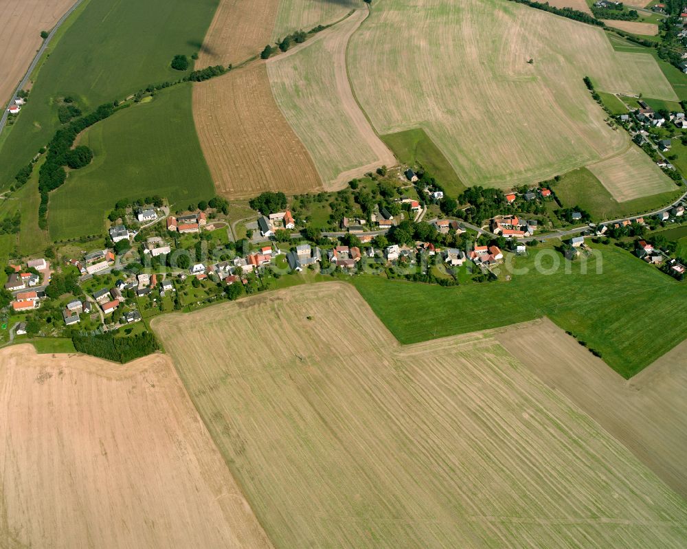 Seelingstädt from above - Agricultural land and field boundaries surround the settlement area of the village in Seelingstädt in the state Thuringia, Germany