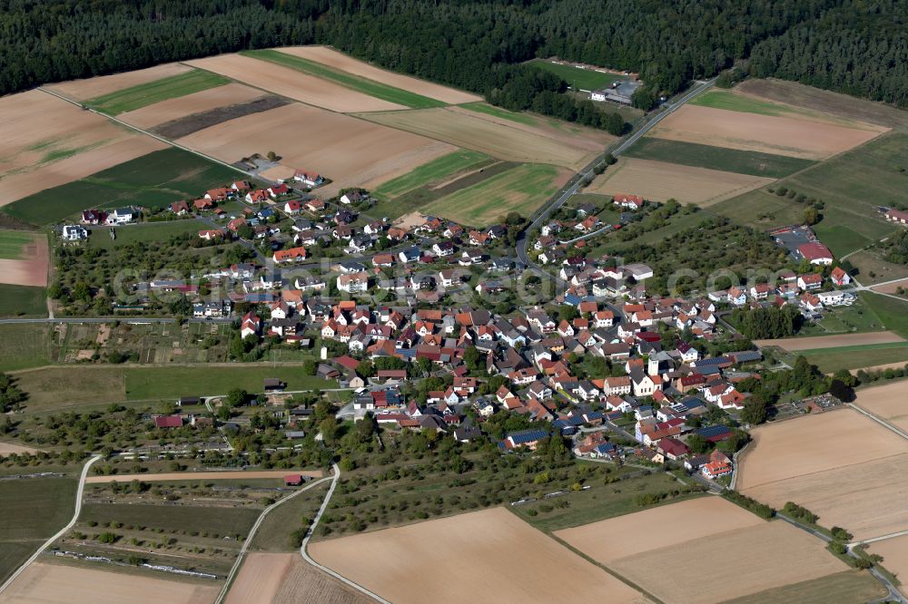 Seifriedsburg from the bird's eye view: Agricultural land and field boundaries surround the settlement area of the village in Seifriedsburg in the state Bavaria, Germany