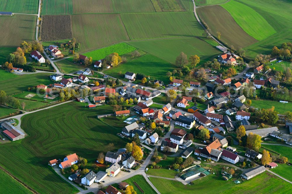 Selbitz from above - Agricultural land and field boundaries surround the settlement area of the village in Selbitz in the state Bavaria, Germany