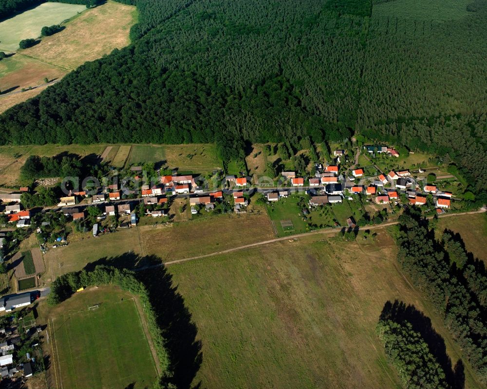 Serno from the bird's eye view: Agricultural land and field boundaries surround the settlement area of the village in Serno in the state Saxony-Anhalt, Germany