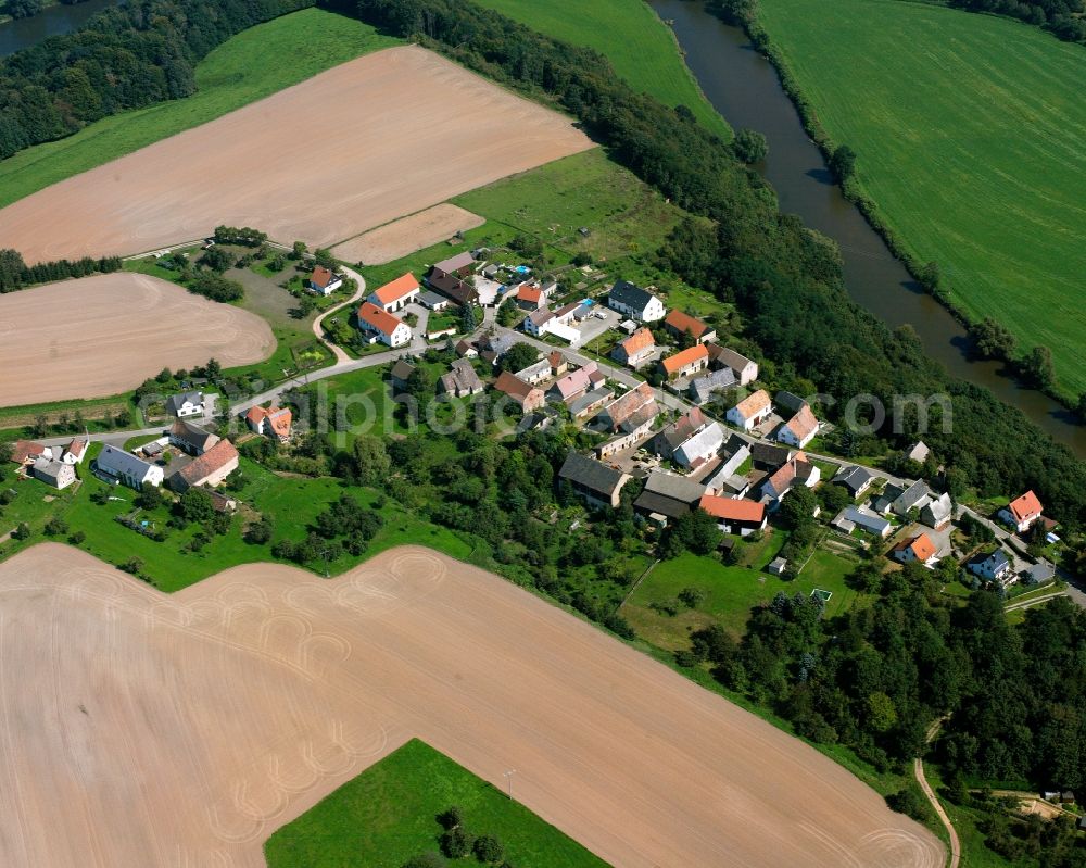 Seupahn from the bird's eye view: Agricultural land and field boundaries surround the settlement area of the village in Seupahn in the state Saxony, Germany