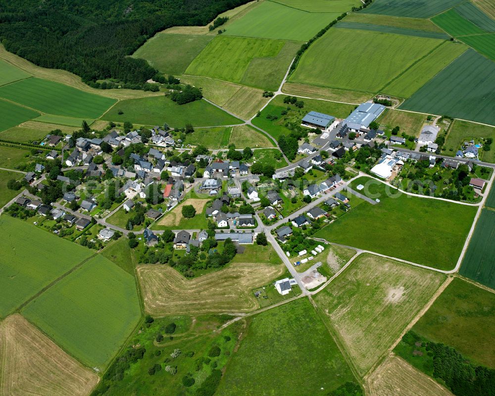 Sevenich from the bird's eye view: Agricultural land and field boundaries surround the settlement area of the village in Sevenich in the state Rhineland-Palatinate, Germany