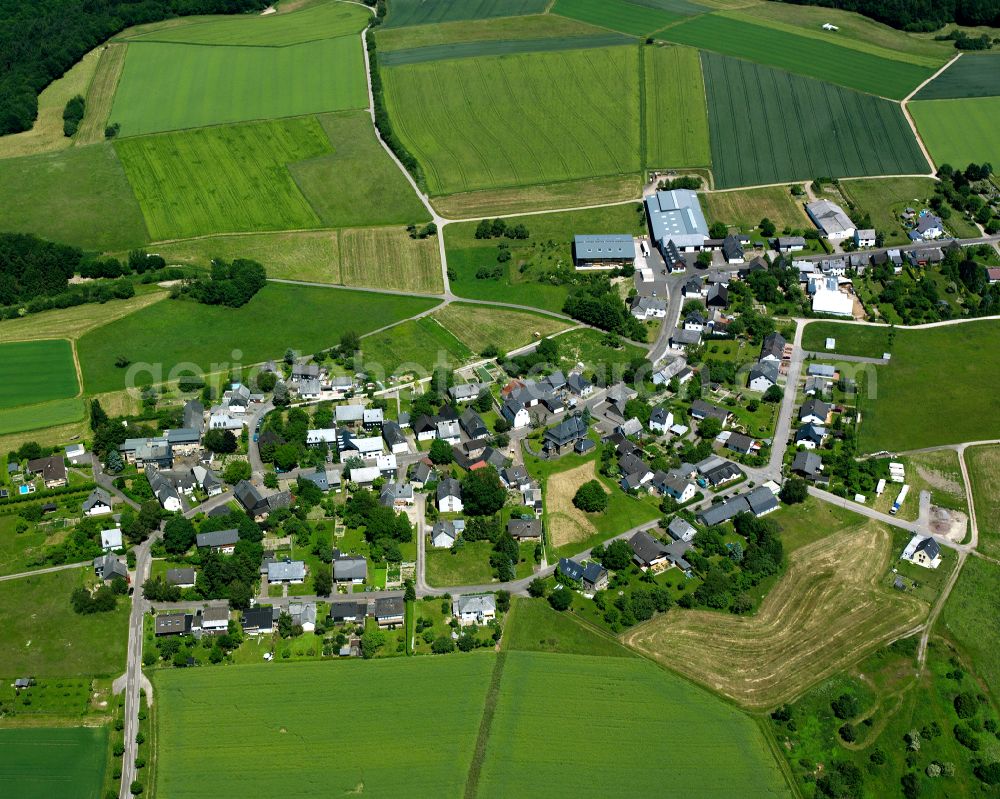 Aerial image Sevenich - Agricultural land and field boundaries surround the settlement area of the village in Sevenich in the state Rhineland-Palatinate, Germany