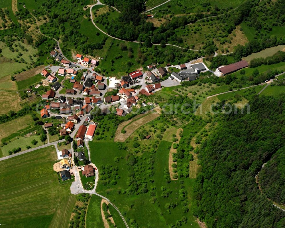 Aerial photograph Siebersbach - Agricultural land and field boundaries surround the settlement area of the village in Siebersbach in the state Baden-Wuerttemberg, Germany