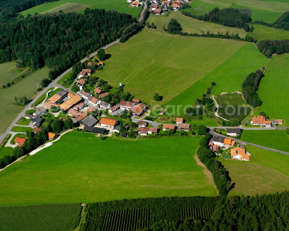 Siegersdorf from the bird's eye view: Agricultural land and field boundaries surround the settlement area of the village in Siegersdorf in the state Bavaria, Germany